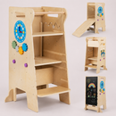 Natural 4-in-1 toddler learning tower with slide and chalkboard