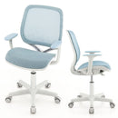 Kids mesh rolling desk chair in blue with adjustable height, ergonomic backrest, and cushioned seat for study comfort.