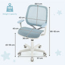 Kids mesh rolling desk chair in blue showing dimensions and weight capacity features for ergonomic study comfort.