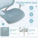 Kids mesh rolling desk chair in blue with breathable fabric and ergonomic design for comfortable study sessions.