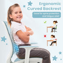Kids mesh rolling desk chair with ergonomic curved backrest, adjustable height, and breathable fabric for comfortable.