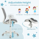 Kids mesh rolling desk chair in grey with adjustable height from 43-55 cm, designed for ergonomic comfort and support.