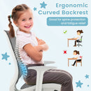 Kids mesh rolling desk chair with ergonomic curved backrest, adjustable height, and breathable fabric for comfortable.
