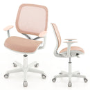 Kids mesh rolling desk chair in pink showcasing side view, featuring cushioned seat and ergonomic armrests for study.
