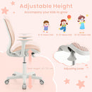 Kids mesh rolling desk chair in pink with adjustable height, ergonomic design, and breathable fabric for comfort during.