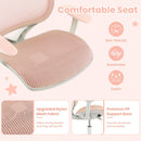 Kids mesh rolling desk chair in pink with breathable fabric, adjustable height, and ergonomic support for comfortable.