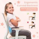 Kids mesh rolling desk chair in pink with ergonomic curved backrest, adjustable height, and breathable fabric for.