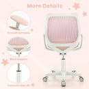 Kids mesh rolling desk chair in pink with ergonomic back support and adjustable height for comfortable study sessions.