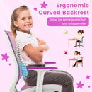 Kids mesh rolling desk chair in purple with ergonomic curved backrest, adjustable height, and breathable fabric for.