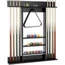 Wall-Mounted Wooden Billiard Cue and Ball Rack – Black