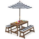 Kids table and bench set with blue striped umbrella, solid fir wood frame, perfect for outdoor play and activities.