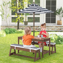 Kids table and bench set with adjustable umbrella, perfect for outdoor play and relaxation in the backyard.