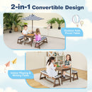 Kids table and bench set with adjustable umbrella for indoor and outdoor activities, featuring blue cushions for.