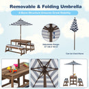 Kids table and bench set with removable blue umbrella, featuring solid fir wood frame and cushions for outdoor play.