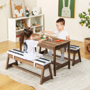 Kids table and bench set with blue cushions, featuring a removable umbrella for indoor and outdoor activities.