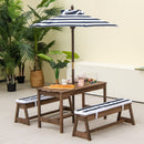 Kids table and bench set with blue cushions and adjustable umbrella for outdoor play and activities.