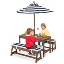 Kids table and bench set with adjustable umbrella, featuring solid fir wood and cushions for outdoor playtime fun.