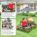 Kids table and bench set with removable umbrella, blue cushions, perfect for outdoor play and activities.
