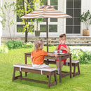 Kids table and bench set with adjustable umbrella, perfect for outdoor play and relaxation in the backyard.