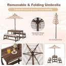 Kids table and bench set with removable umbrella, brown fir wood, adjustable height for outdoor and indoor activities.
