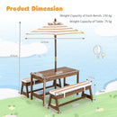 Dimensions of the kids table and bench set with adjustable umbrella, showcasing size and weight capacity for outdoor.