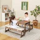 Kids table and bench set in brown with cushions and adjustable umbrella, perfect for indoor and outdoor activities.