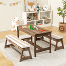Kids table and bench set in brown with cushions and removable umbrella for indoor and outdoor activities.
