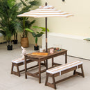 Kids table and bench set in brown with adjustable umbrella and cushions, perfect for indoor and outdoor activities.