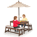 Kids table and bench set with adjustable umbrella, featuring solid fir wood and cushions for outdoor playtime fun.