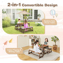 Kids table and bench set with removable umbrella for indoor and outdoor play, featuring durable fir wood and cushions.