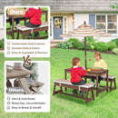 Kids table and bench set with removable umbrella and cushions, made of durable fir wood for indoor and outdoor fun.
