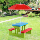 Kids picnic table set with removable red umbrella, made of non-toxic PP material, perfect for outdoor play and meals.