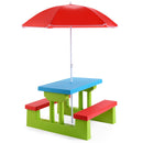 Kids picnic table set with removable umbrella in vibrant colors, perfect for outdoor meals and playtime for four.