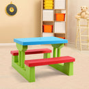 Kids picnic table set in vibrant colors with removable umbrella, perfect for outdoor play and social interaction.