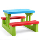 Kids picnic table set in rainbow colors with removable umbrella, made of non-toxic PP material, ideal for outdoor play.
