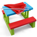 Kids picnic table set with red umbrella, made of non-toxic PP material, perfect for outdoor play and meals.