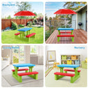 Kids picnic table set with removable umbrella in rainbow colors, perfect for outdoor play and meals for four children.