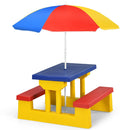 Colorful kids picnic table set with removable umbrella, made of durable PP material, perfect for indoor and outdoor.