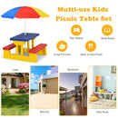 Colorful kids picnic table set with removable umbrella, made of non-toxic PP material, perfect for indoor and outdoor.