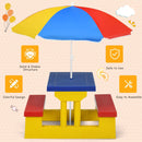 Kids colorful picnic table set with removable umbrella, made of non-toxic PP material, perfect for indoor and outdoor.