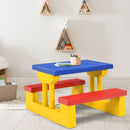 Colorful kids picnic table set in blue and yellow with red benches, made of non-toxic PP material, perfect for indoor.