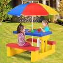 Kids picnic table set with removable umbrella in vibrant colors, made of durable PP material, ideal for group play.