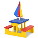 Kids picnic table set featuring a blue tabletop and vibrant umbrella, made of durable PP material, ideal for group.