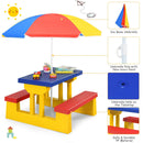 Detail of the colorful umbrella for kids picnic table set, made of non-toxic PP material, providing shade for outdoor.