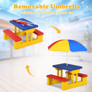 Kids picnic table set featuring adjustable removable umbrella, made of non-toxic PP, perfect for safe outdoor play.