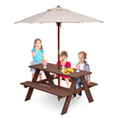 Kids picnic table with removable umbrella, made of durable engineered wood, perfect for garden or yard activities.