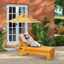 Colorful kids outdoor chaise lounge chair featuring a solid fir wood frame, sponge-padded cushion, and stylish striped umbrella.