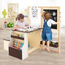 Kids art table and bench set with double-sided easel, featuring chalkboard and whiteboard for creative play.