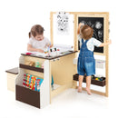 Kids art table and bench set showcasing children drawing on the adjustable double-sided easel with storage compartments.
