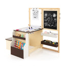 Kids art table and bench set with double-sided easel, featuring storage trays and adjustable height for creative play.